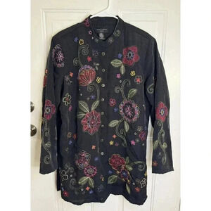 ANNE CARSON Women's 70% Silk Artsy Embroidered Floral Beaded Jacket Cardigan 2X